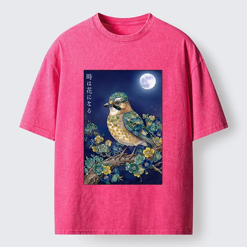 Tokyo-Tiger Moon Bird Floral Retro Art Washed T-Shirt