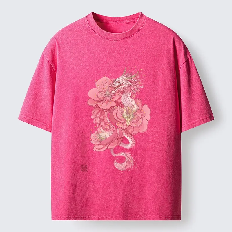 Tokyo-Tiger Pink Flower Dragon Washed T-Shirt