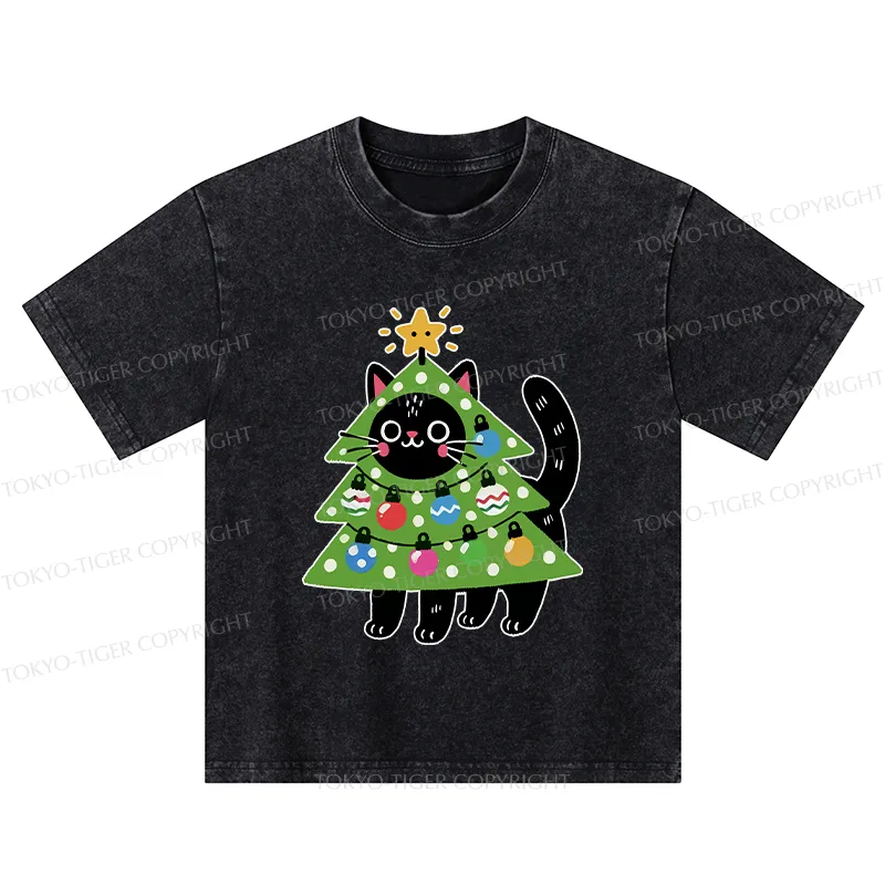 Tokyo-Tiger Christmas Tree Cat Kids Washed T-Shirt