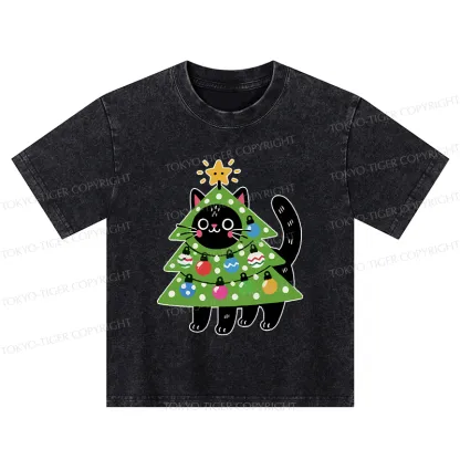 Tokyo-Tiger Christmas Tree Cat Kids Washed T-Shirt