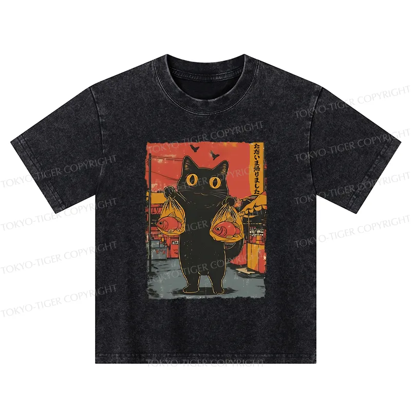 Tokyo-Tiger Cat Fishing Japanese Kids Washed T-Shirt
