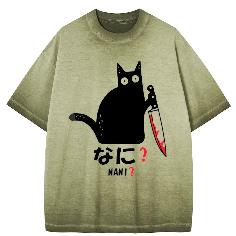 Tokyo-Tiger A Puzzled Cat Holding A Knife Gradient Washed T-Shirt