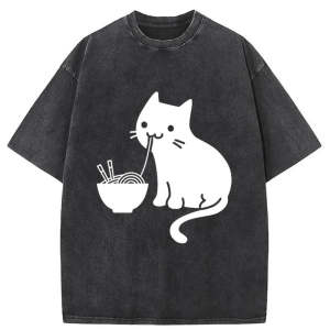 Image of Tokyo-Tiger Cat Eating Ramen Japan Washed T-Shirt