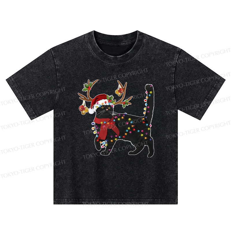 Tokyo-Tiger Christmas Black Cat Kids Washed T-Shirt