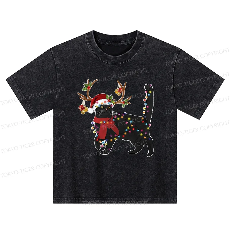 Tokyo-Tiger Christmas Black Cat Kids Washed T-Shirt