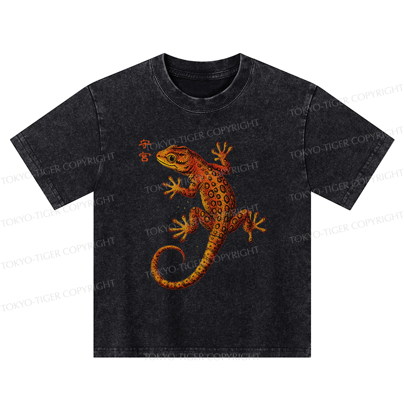 Tokyo-Tiger Retro Gecko Funny Kids Washed T-Shirt