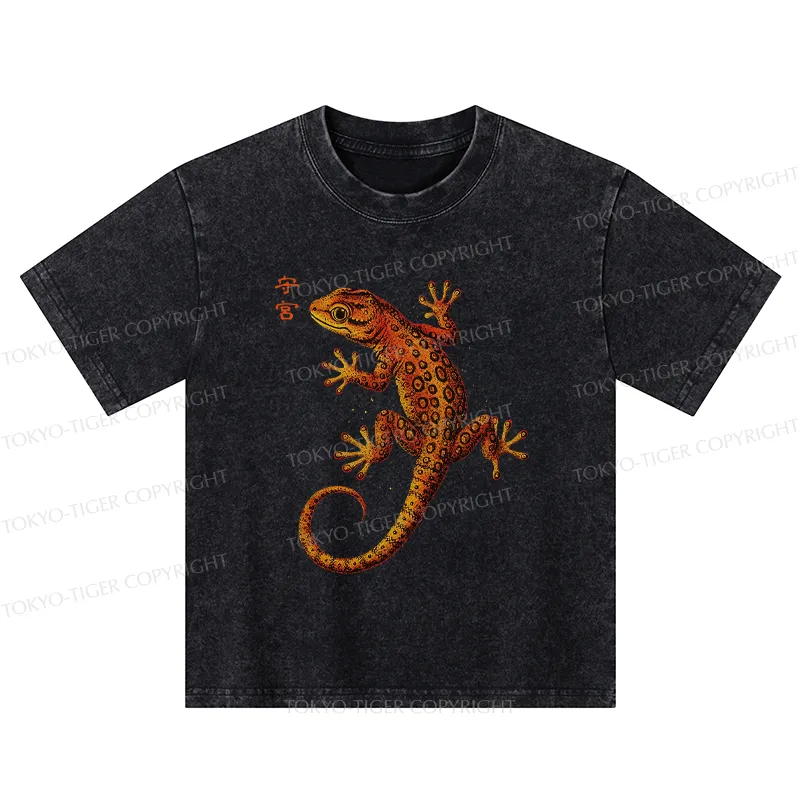 Tokyo-Tiger Retro Gecko Funny Kids Washed T-Shirt