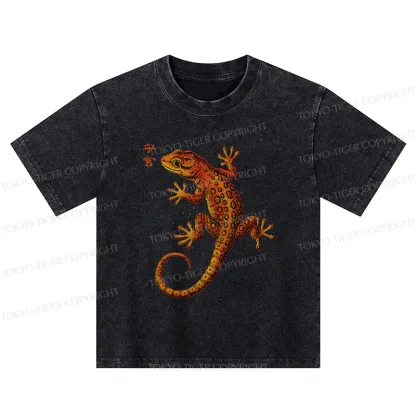 Tokyo-Tiger Retro Gecko Funny Kids Washed T-Shirt