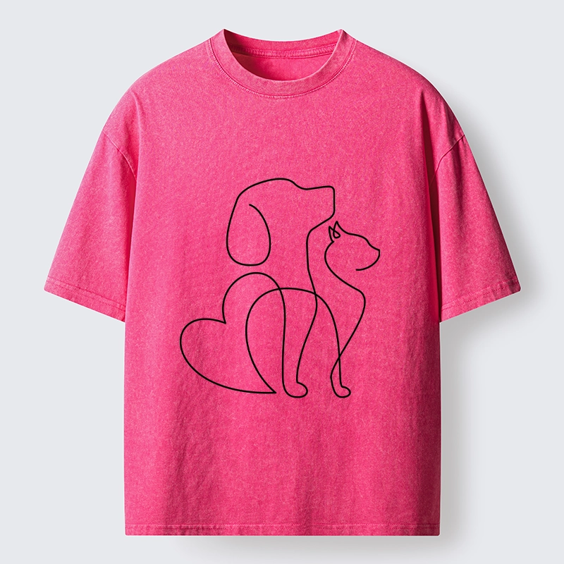 Tokyo-Tiger Cat Dog Love Line Art Washed T-Shirt