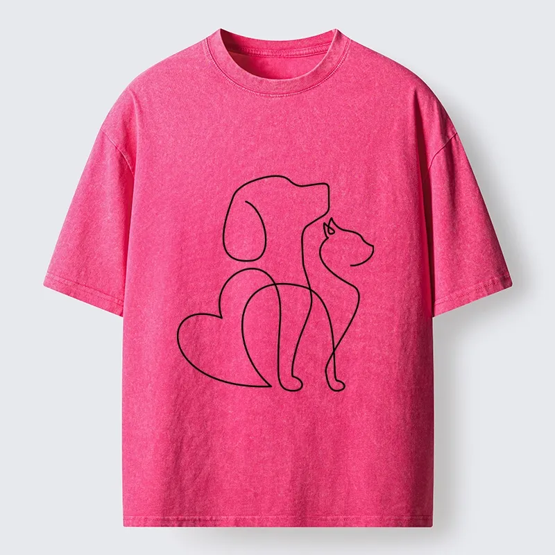 Tokyo-Tiger Cat Dog Love Line Art Washed T-Shirt