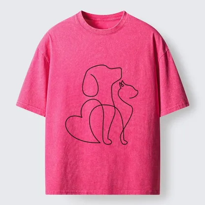 Tokyo-Tiger Cat Dog Love Line Art Washed T-Shirt