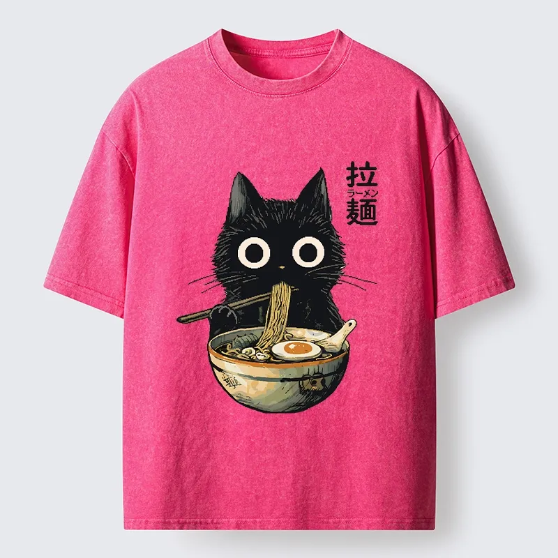 Tokyo-Tiger Funny Cat Ramen Feast Washed T-Shirt