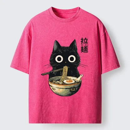 Tokyo-Tiger Funny Cat Ramen Feast Washed T-Shirt