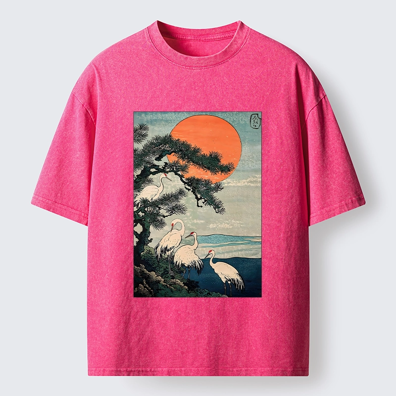Tokyo‑Tiger Pine Crane Sunrise Washed T‑Shirt
