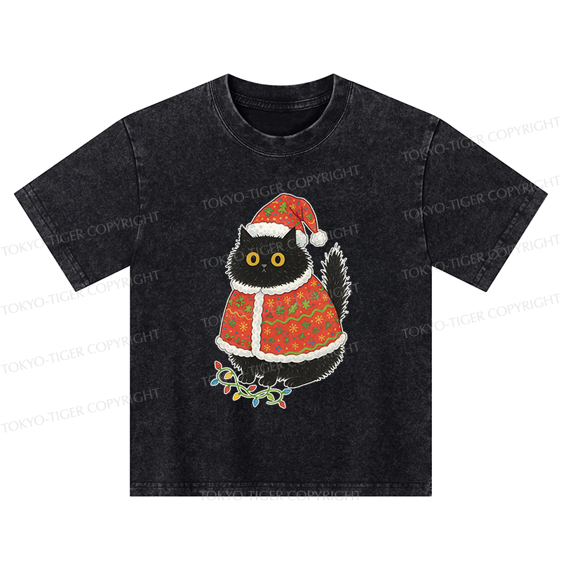 Tokyo-Tiger Cat Wearing Santa Hat Kids Washed T-Shirt