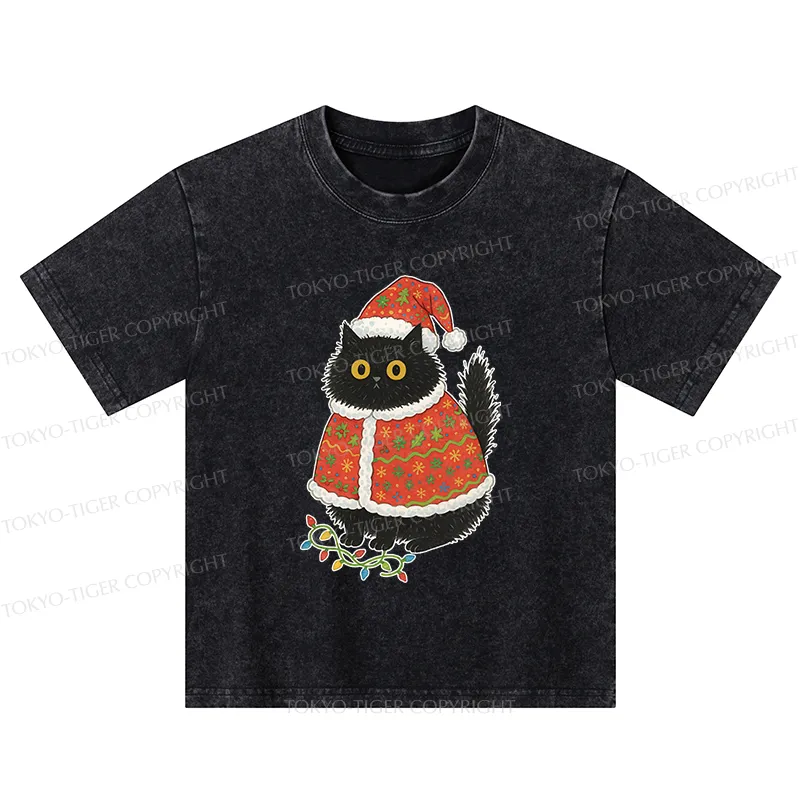 Tokyo-Tiger Cat Wearing Santa Hat Kids Washed T-Shirt