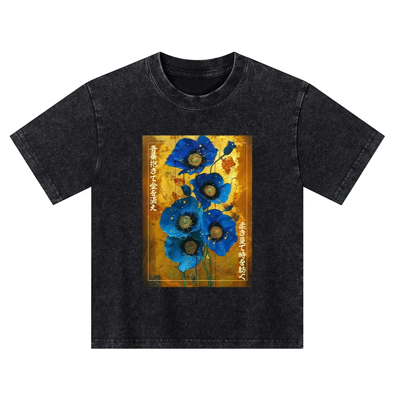Tokyo-Tiger Shiny Blue Flower Warm Golden Background Kids Washed T-Shirt
