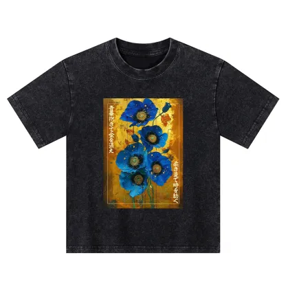 Tokyo-Tiger Shiny Blue Flower Warm Golden Background Kids Washed T-Shirt