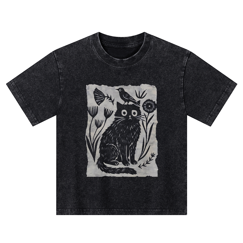 Tokyo-Tiger Folk Paper Cut Cat Bird Floral Art Kids Washed T-Shirt