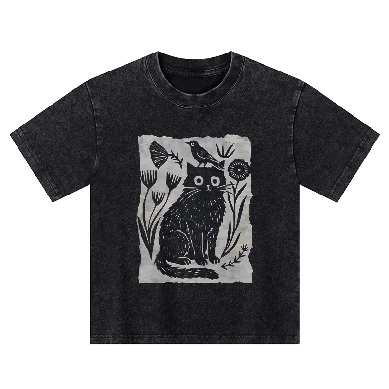 Tokyo-Tiger Folk Paper Cut Cat Bird Floral Art Kids Washed T-Shirt