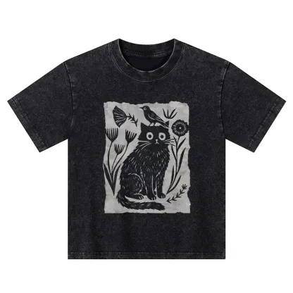 Tokyo-Tiger Folk Paper Cut Cat Bird Floral Art Kids Washed T-Shirt