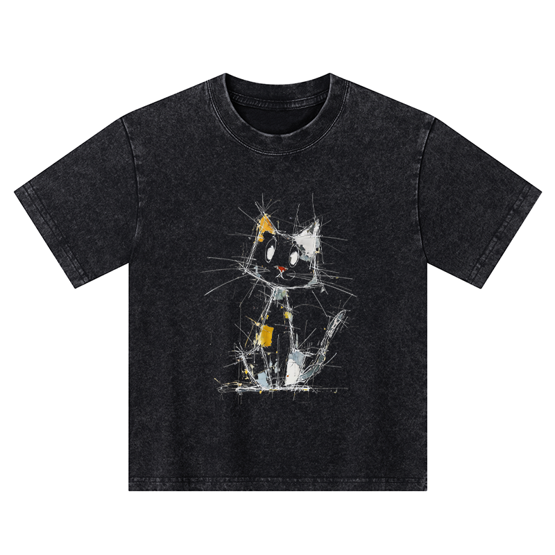 Tokyo-Tiger Minimal Splash Ink Cute Cat Kids Washed T-Shirt