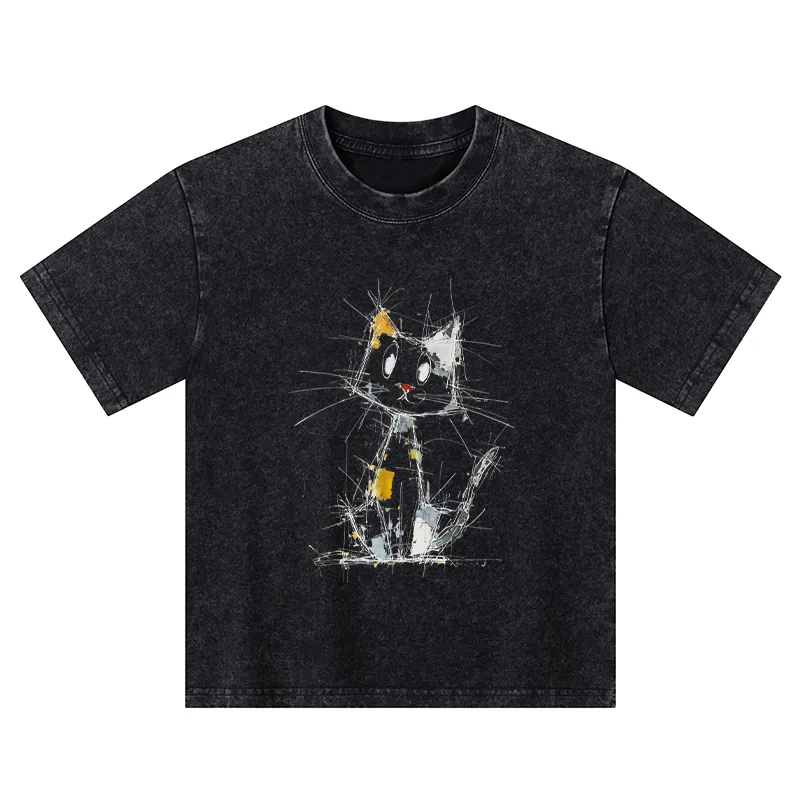 Tokyo-Tiger Minimal Splash Ink Cute Cat Kids Washed T-Shirt