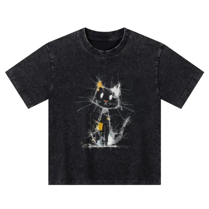 Tokyo-Tiger Minimal Splash Ink Cute Cat Kids Washed T-Shirt