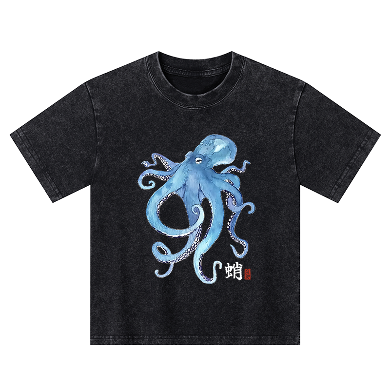 Tokyo-Tiger Watercolor Blue Octopus Kids Washed T-Shirt