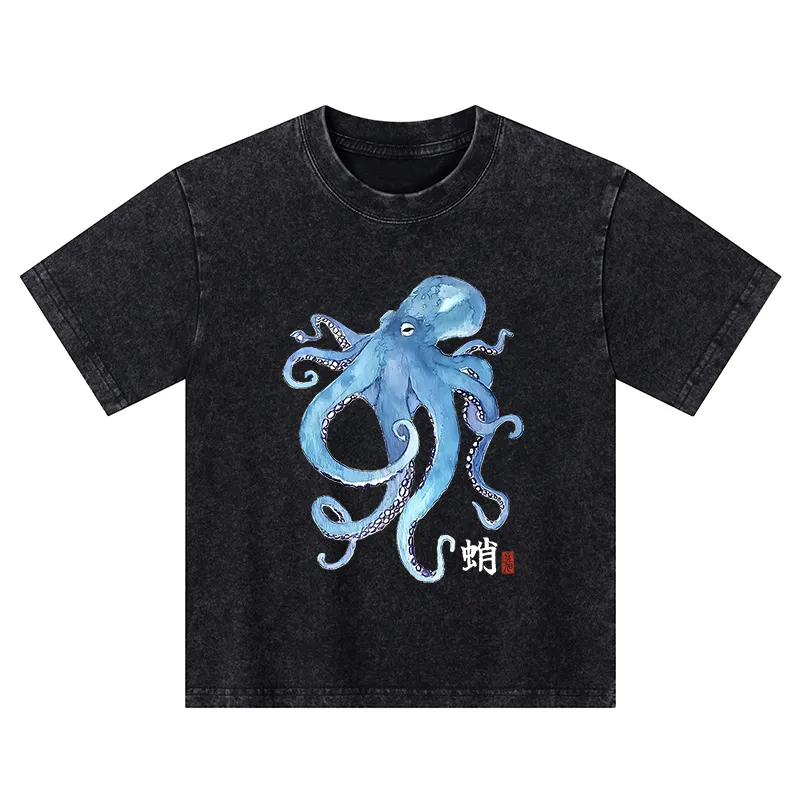 Tokyo-Tiger Watercolor Blue Octopus Kids Washed T-Shirt
