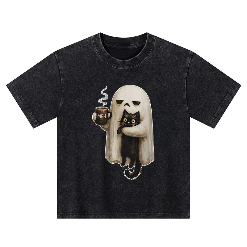 Tokyo-Tiger Ghost Cat Coffee Mood Kids Washed T-Shirt