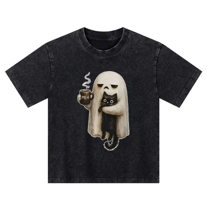 Tokyo-Tiger Ghost Cat Coffee Mood Kids Washed T-Shirt