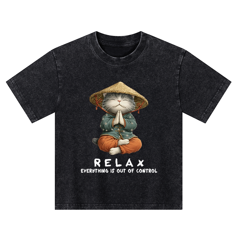 Tokyo-Tiger Zen Relax Cat Graphic Kids Washed T-Shirt