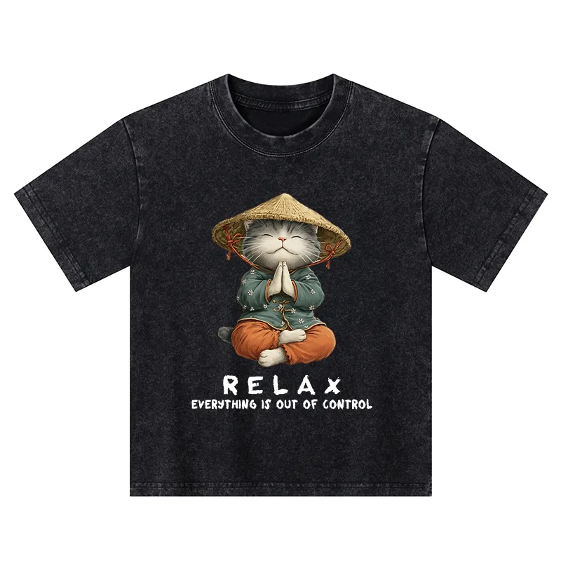 Tokyo-Tiger Zen Relax Cat Graphic Kids Washed T-Shirt