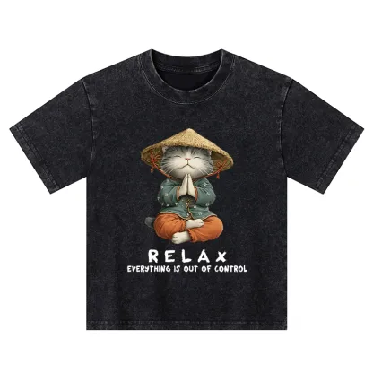 Tokyo-Tiger Zen Relax Cat Graphic Kids Washed T-Shirt