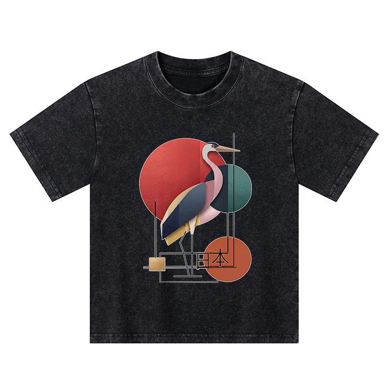 Tokyo-Tiger Geometric Crane Art Kids Washed T-Shirt