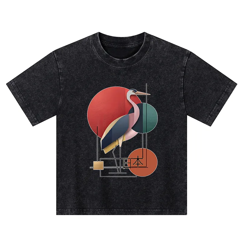 Tokyo-Tiger Geometric Crane Art Kids Washed T-Shirt Sale