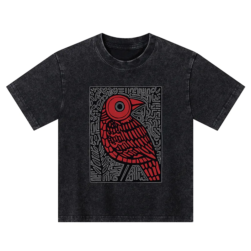 Tokyo-Tiger Retro Woodblock Bird Kids Washed T-Shirt