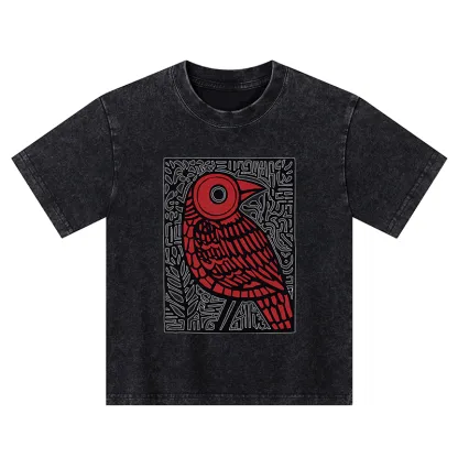Tokyo-Tiger Retro Woodblock Bird Kids Washed T-Shirt