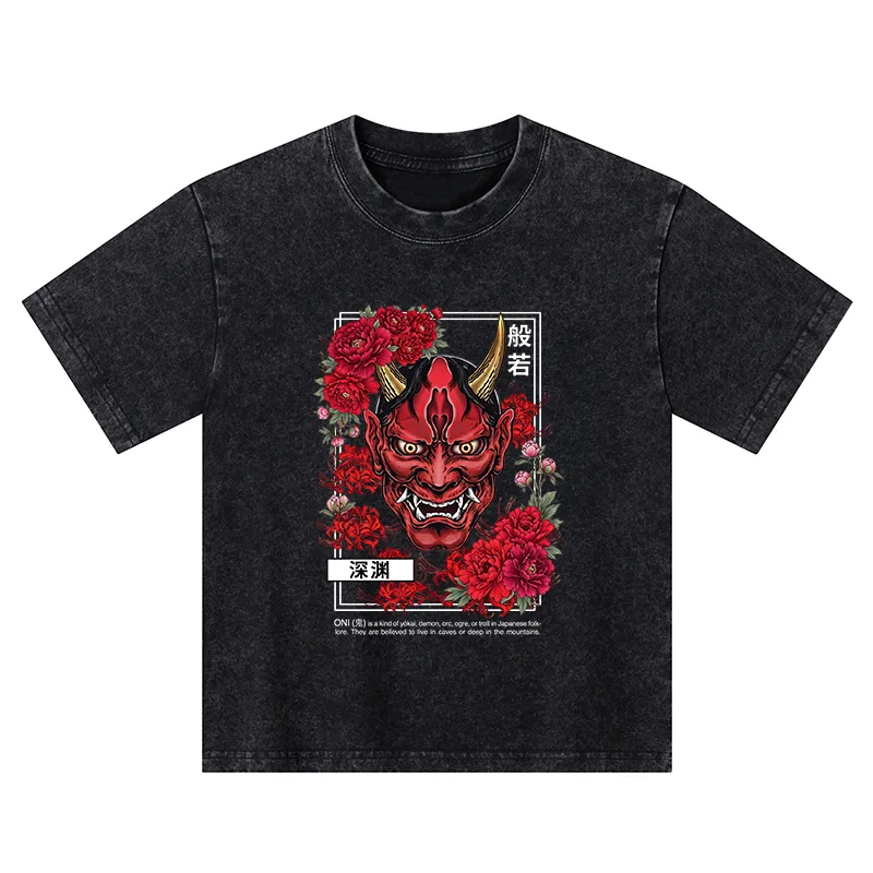 Tokyo-Tiger Cool Oni Floral Art Kids Washed T-Shirt