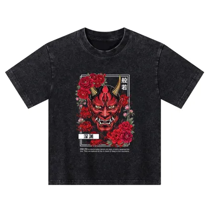 Tokyo-Tiger Cool Oni Floral Art Kids Washed T-Shirt