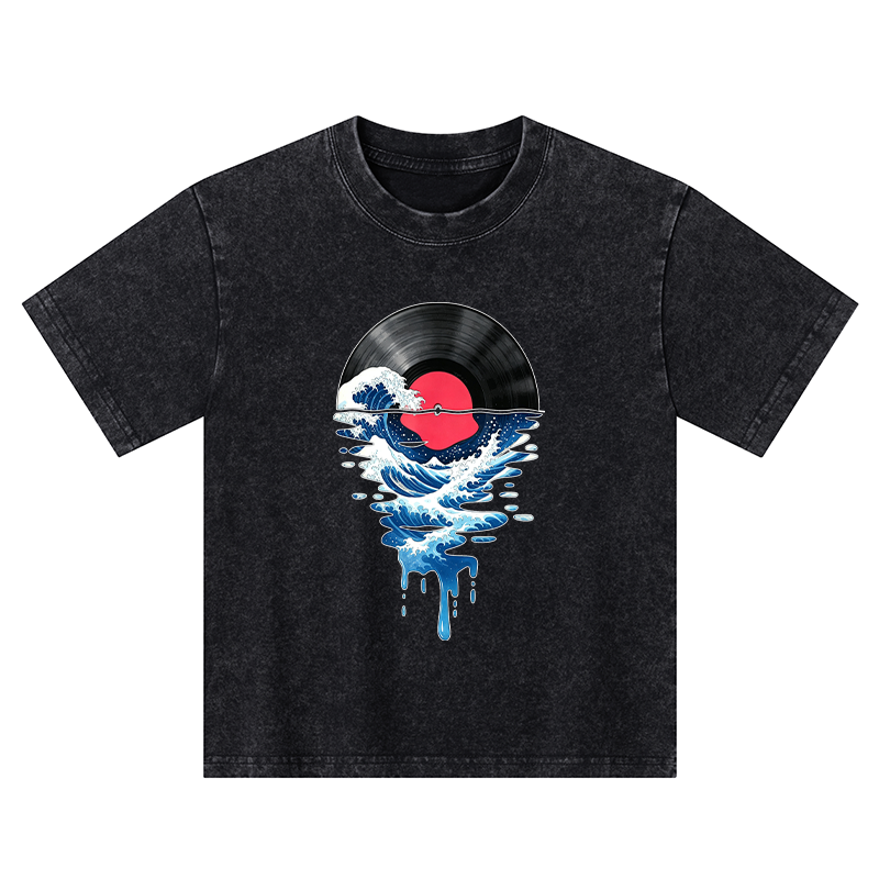 Tokyo-Tiger Vinyl Records And Waves Kids Washed T-Shirt