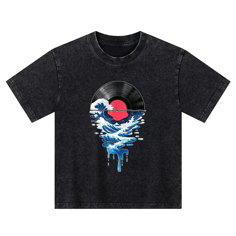 Tokyo-Tiger Vinyl Records And Waves Kids Washed T-Shirt