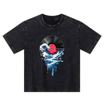 Tokyo-Tiger Vinyl Records And Waves Kids Washed T-Shirt