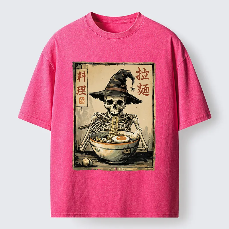 Tokyo‑Tiger Skeleton Ramen Meme Washed T‑Shirt