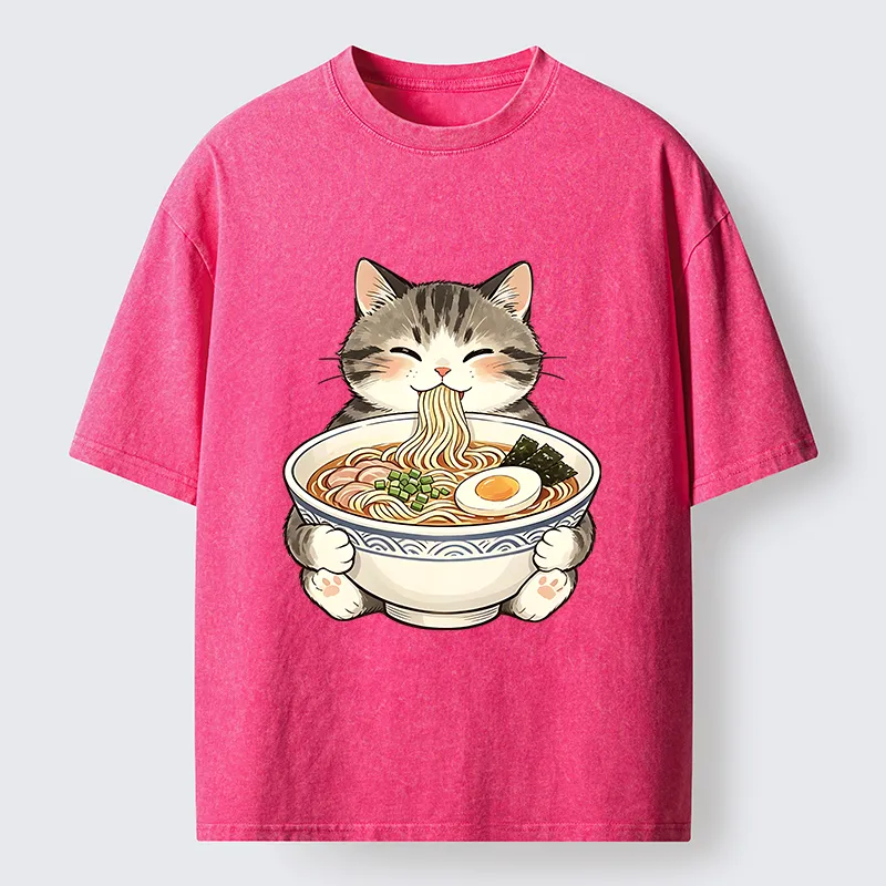 Tokyo‑Tiger Funny Cat Ramen Meme Washed T‑Shirt