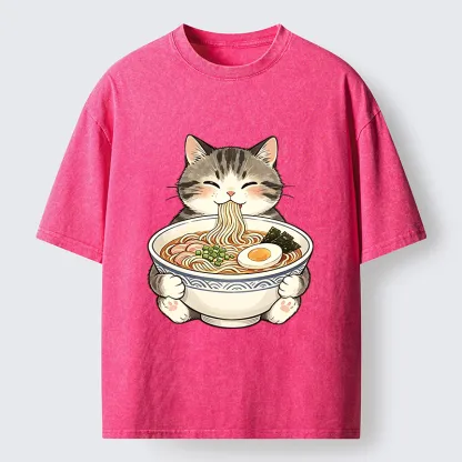 Tokyo‑Tiger Funny Cat Ramen Meme Washed T‑Shirt