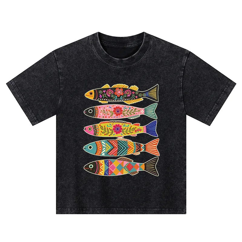 Tokyo-Tiger Colorful Patterned Fish Kids Washed T-Shirt