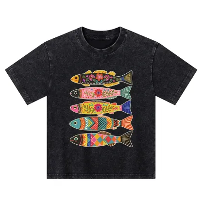 Tokyo-Tiger Colorful Patterned Fish Kids Washed T-Shirt
