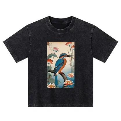 Tokyo-Tiger Ukiyo-e Kingfisher Kids Washed T-Shirt